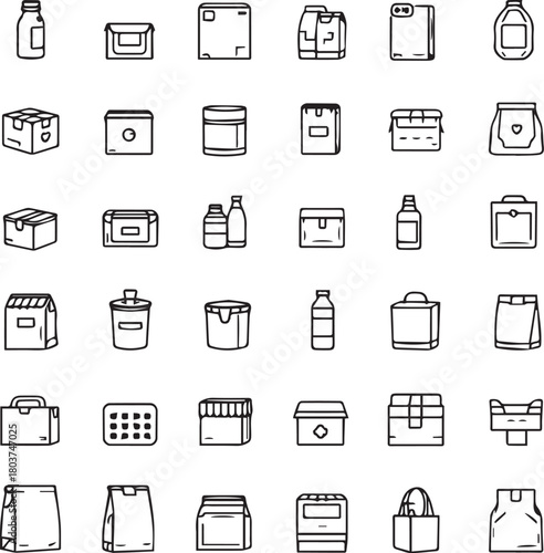 Grid of 35 black line icons for packaging types including bottles, boxes, jars, bags, and containers
