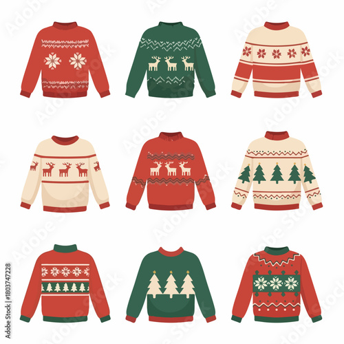 Set of nine traditional ugly Christmas sweaters featuring Nordic and Fair Isle patterns, including reindeer, snowflakes, and festive holiday trees.