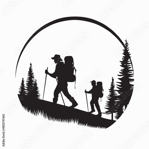 Silhouette of Hiker on Trail with Backpack and Hiking Stick