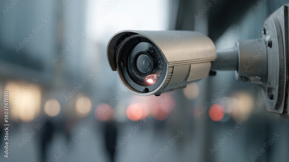 Obraz premium Security camera mounted on a building captures street activity in a busy urban area during twilight hours