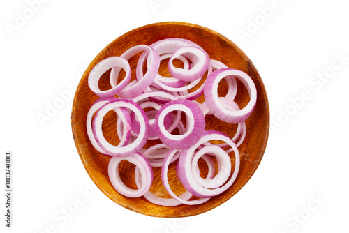 Sliced red onion rings. Top view
