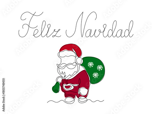 Greeting card with lettering Feliz Navidad and Santa Claus with a bag of gifts on white background. continuous single one line art hand drawing sketch logo