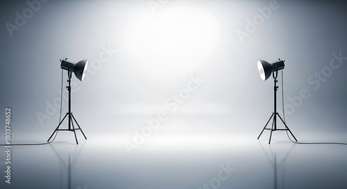 Two professional studio lights set up on tripods in a clean, empty photography studio with a bright white backdrop.