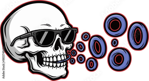 Skull wearing sunglasses blowing smoke rings in a cool design