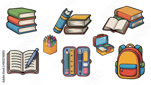Colorful School Supplies Set With Books, Backpack, Stationery, and Study Tools for Students