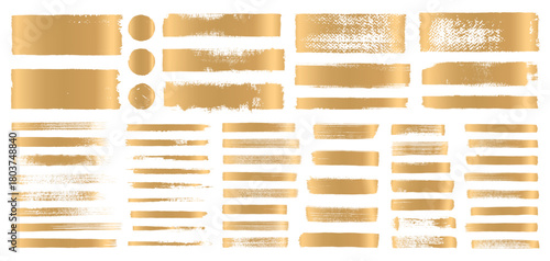 Gold brush strokes. Golden foil line frames. Luxury tags. Scratch paint vector brushstrokes. Japanese calligraphy boxes. Rough luxury texture. Metal stain shapes. Metallic underlines. Premium card bg