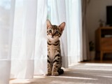 An adorable tabby kitten sits patiently between sheer white curtains, looking directly at the camera in a sunlit room.