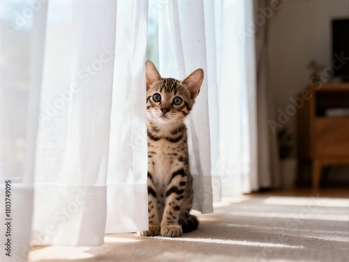 Photography An adorable tabby kitten sits patiently between sheer white curtains, looking directly at the camera in a sunlit room