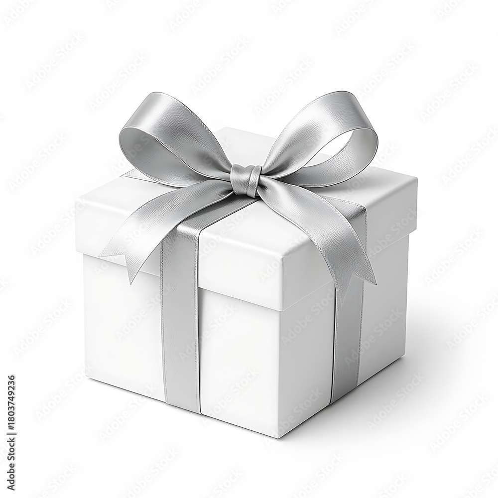 Obraz premium Premium white gift box with silver metallic ribbon