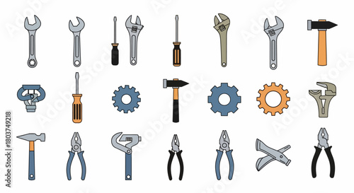 Vector Collection of Hand Tools Wrench, Screwdriver, Hammer and More for Repair, Construction and Maintenance