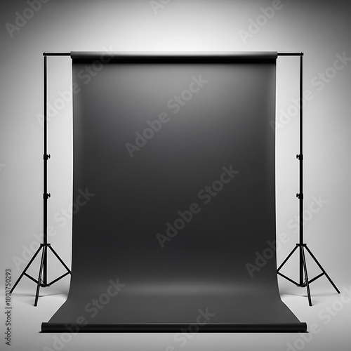 Modern photography studio setup with a seamless black paper backdrop on stands under a spotlight.