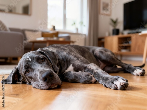 Bild auf Leinwand A large brindle Great Dane dog is lying down comfortably on a wooden floor in a spacious and bright living room