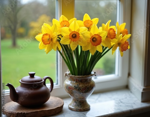 Wallpaper Mural Yellow daffodils bloom in a decorative vase near a brown teapot on a windowsill. Green garden visible through windowpane. Spring floral arrangement brings nature indoors. Torontodigital.ca