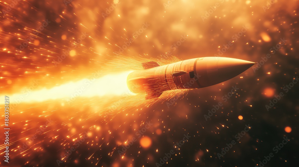 Obraz premium Missile flying through explosive fire sparks and smoke