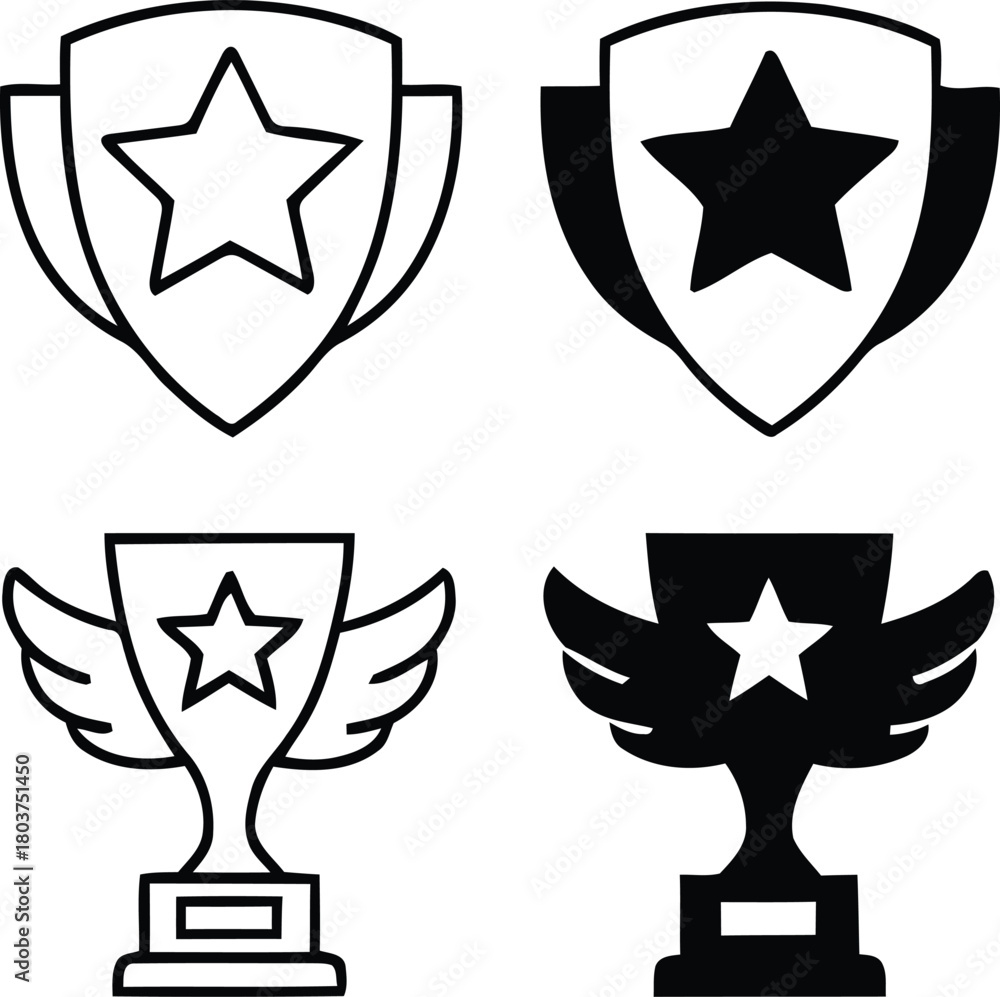 Fototapeta premium Set of four trophy and shield icons with stars in outline and solid styles