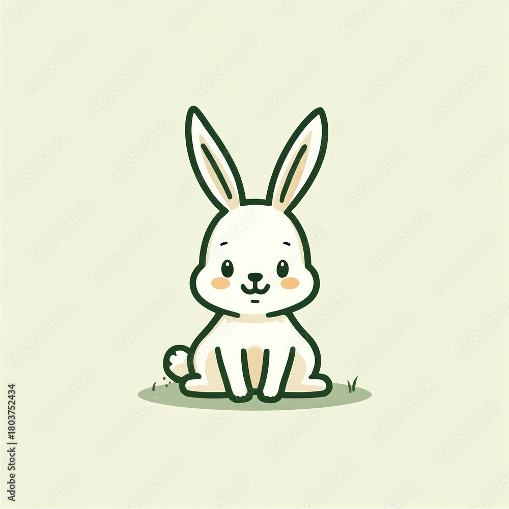 Obraz premium Cute bunny with green outline sits on pastel backdrop. It is cartoonish graphic for Easter design. A sweet rabbit illustration is good for baby or kids products and spring concepts.