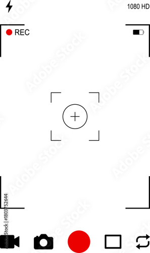Background for cinematic production with camera photo view and zoom exposure overlay shows blank electronic display snapshot frame. Film Camera Viewfinder Overlay. App for record from mobile camera.