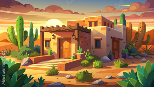 Very beautiful desert-style adobe house with smooth clay walls, a warm earthy palette, and a serene cactus garden in the front yard glowing softly under golden hour light.