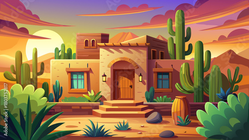 Very beautiful desert-style adobe house with smooth clay walls, a warm earthy palette, and a serene cactus garden in the front yard glowing softly under golden hour light.