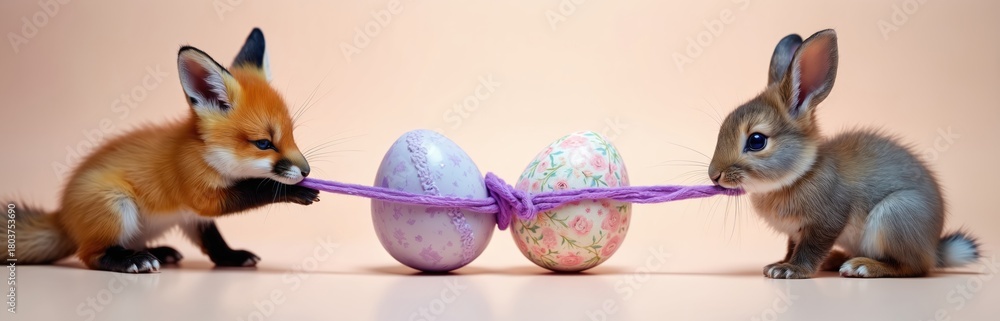 Obraz premium Small fox cub and bunny rabbit playfully tug on decorative Easter eggs with purple rope. Animals compete for colorful eggs in a fun game creating sweet spring holiday scene.