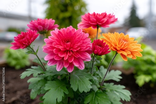 Bright pink and orange mums blooming outdoors