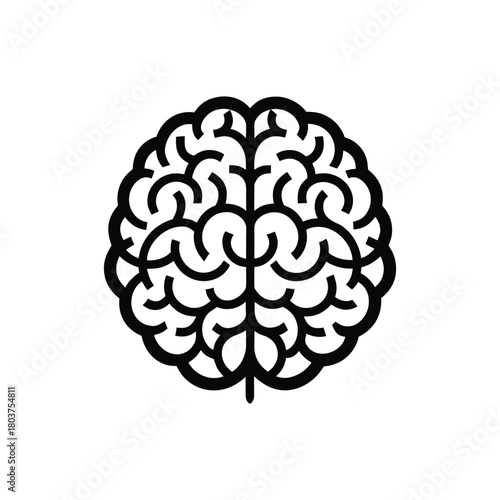 A minimalist vector composition showing a human brain outline filled with black. This simple icon symbolizes intellect, mind, creativity, and knowledge