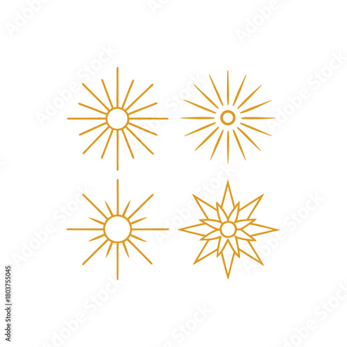 Set of four stylized sunburst and starburst graphic elements with golden orange lines radiating from a central circle on a white background