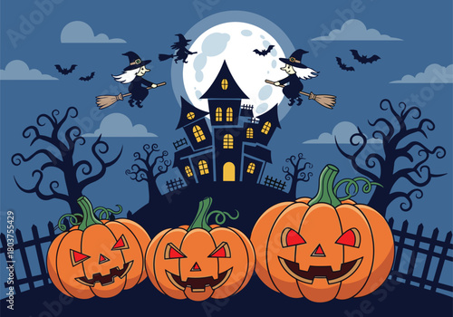 Spooky Halloween scene with haunted house, glowing pumpkins, flying witches, bats, and full moon in eerie nighttime illustration