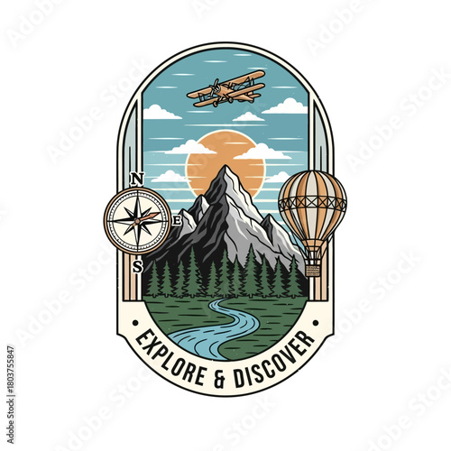 Adventure Explore Discover Mountain Landscape Biplane Hot Air Balloon Compass.
