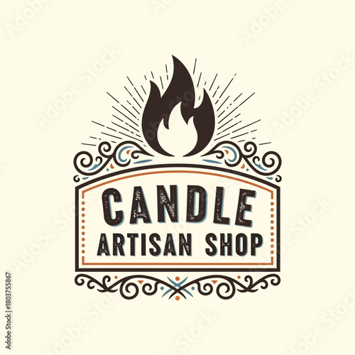 Artisan Candle Shop Logo with Flame and Ornate Details.