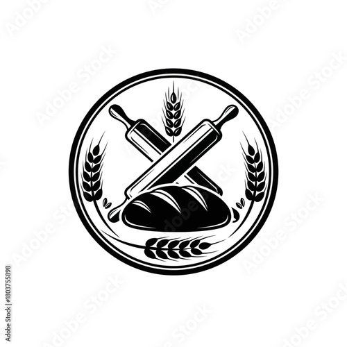 Bakery Emblem with Bread and Rolling Pins.