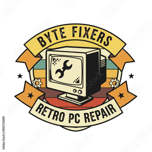 Byte Fixers Retro PC Repair Logo Featuring Vintage Computer and Wrench.