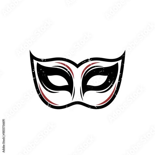 Distressed Black and Red Masquerade Mask with Elegant Design.