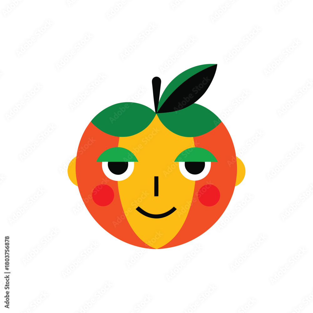 Obraz premium Abstract character design featuring a fruit head with a single leaf, illustrated using simple geometric shapes in a minimal flat art style