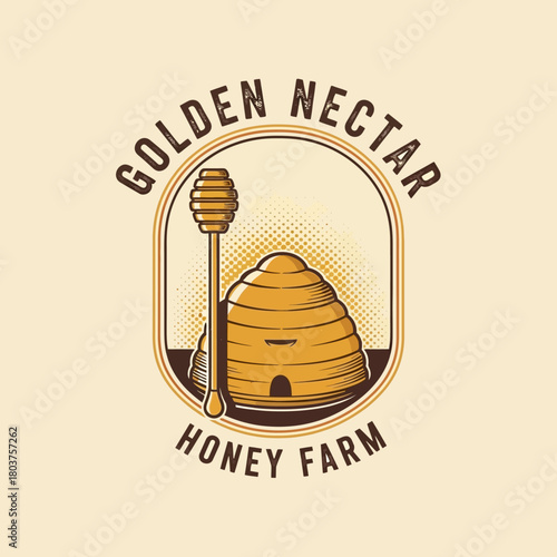 Golden Nectar Honey Farm Logo Featuring Beehive and Honey Dipper.
