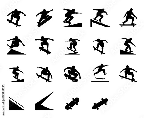 Silhouette Skateboarding Skater Icons Set. tricks, poses and jumps on ramps. Represents sport activity, extreme lifestyle graphic. Vector illustration