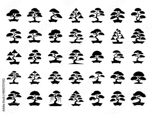 Bonsai Trees Silhouette Set. Japanese Miniature Plant Pot Vector illustration Graphic. Gardening Nature Growth And Zen Design Concept.