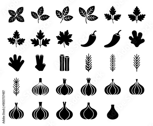 herb spice food flavoring icons set. garlic, chili, basil, pepper and rosemary. flat vector silhouette illustration. Cooking ingredient graphics.