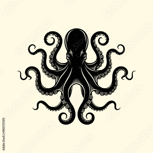 Intricate Black Octopus Illustration with Detailed Tentacles.