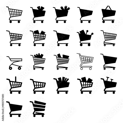 Shopping Cart Trolley Icons Set. Online E-commerce Retail Purchase. Vector Graphic silhouette buttons. 