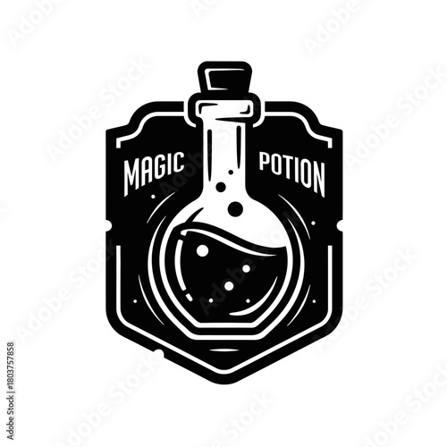 Magical Potion Bottle Emblem with Bubbles and Liquid Inside.