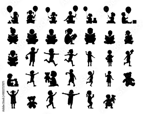 Children Kids Playing Reading Learning Activity Silhouette set with Balloons Books and Teddy Bears. Vector Graphic element
