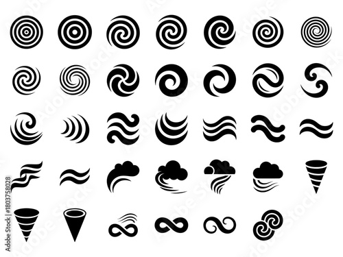 Spiral Vortex and Weather Wind Icons Set, Abstract Energy Wave Flow and Motion Black Vector illustration, infinity shapes and tornado cones nature design