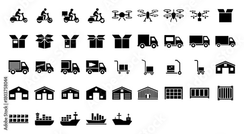 Shipping and Logistics Icons Set, Delivery Vehicle. including trucks, motorcycles, drones, shipping containers, warehouses and open boxes. vector illustration