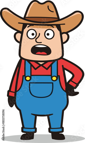 Cartoon farmer, surprised expression, agriculture, character design, rural life, farming, emotion, illustration