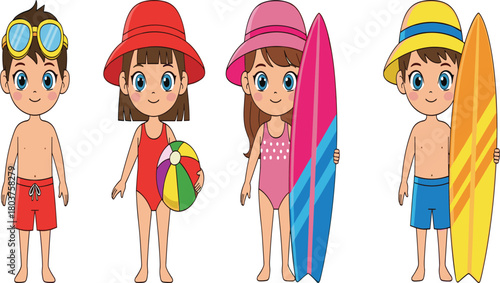 Cartoon children in summer beachwear, holding surfboards and beach ball, happy kids enjoying seaside vacation, summer holiday fun, tropical seaside adventure illustration