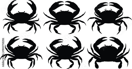 Illustration of a captivating array of six crab silhouettes, isolated on, showcasing their unique forms and intricate details in a striking monochrome composition