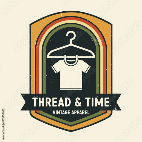 Retro style vintage apparel logo with a t-shirt on a hanger.