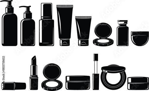 Illustration of cosmetic product set isolated on collection of beauty products, skincare and makeup items vector illustration of various containers and applicators