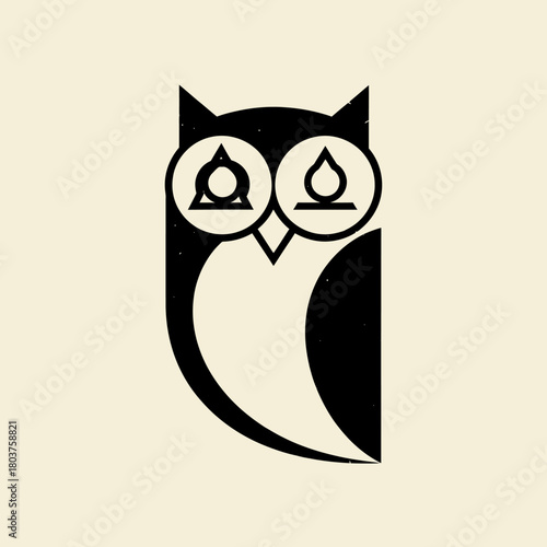 Stylized black owl logo with symbols of knowledge and faith.
